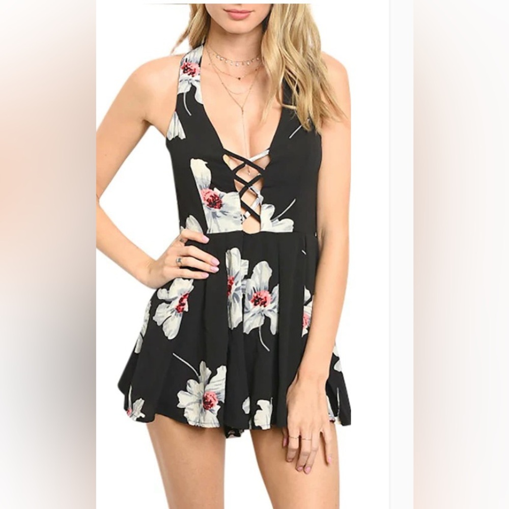 Floral Black Romper with Crisscross Detail